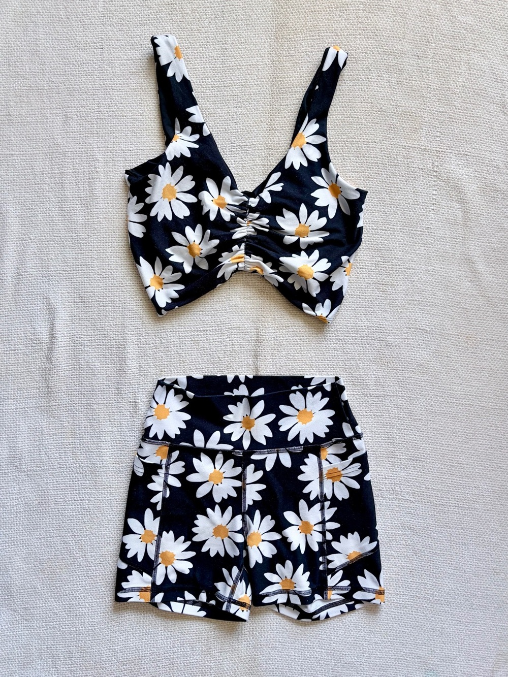 Daisy Crop Top Sports Bra + Bike Shorts Matching Set — Small Top / XS Bottom